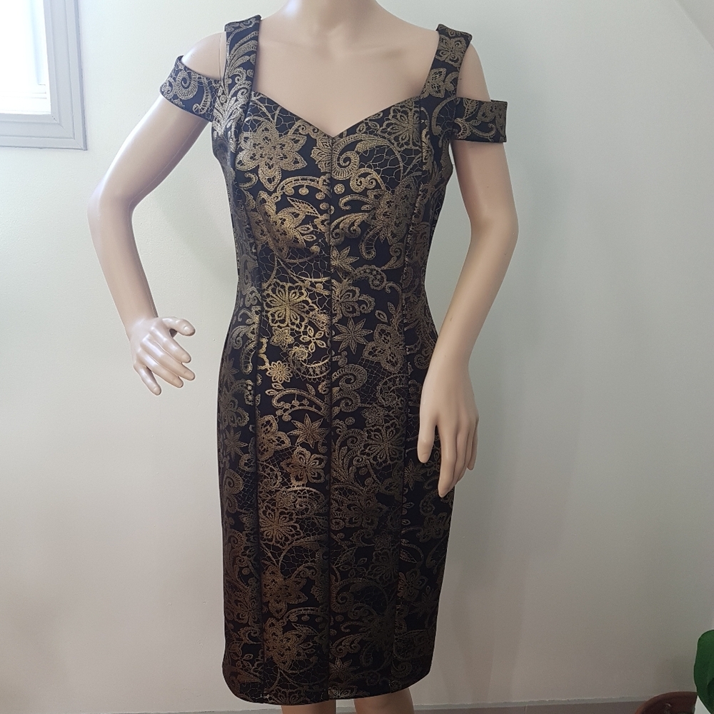En Focus Studio Cold Shoulder Metallic Design Sweetheart Neck Midi Dress Sz 8